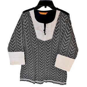 La Fille Made In India Kurta Tunic Black White Boho Victorian Size 28 Small